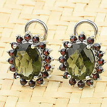 Oval earrings moldavite and garnet 10x8mm Ag 925/1000