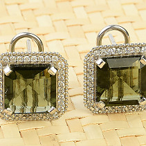 Moldavite and zircons earrings square standard cut Ag 925/1000 6.4g