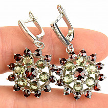 Earrings with moldavites and garnets flower Ag 925/1000 + 10 g Rh